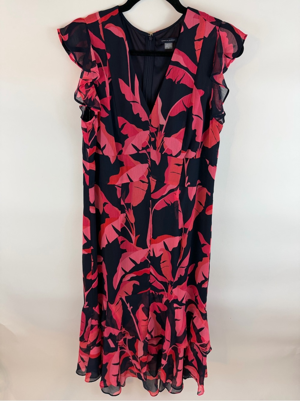 Tommy Hilfiger Floral Print Ruffle Sleeve Dress Navy Pink Red Size 12 - Picture 2 of 9